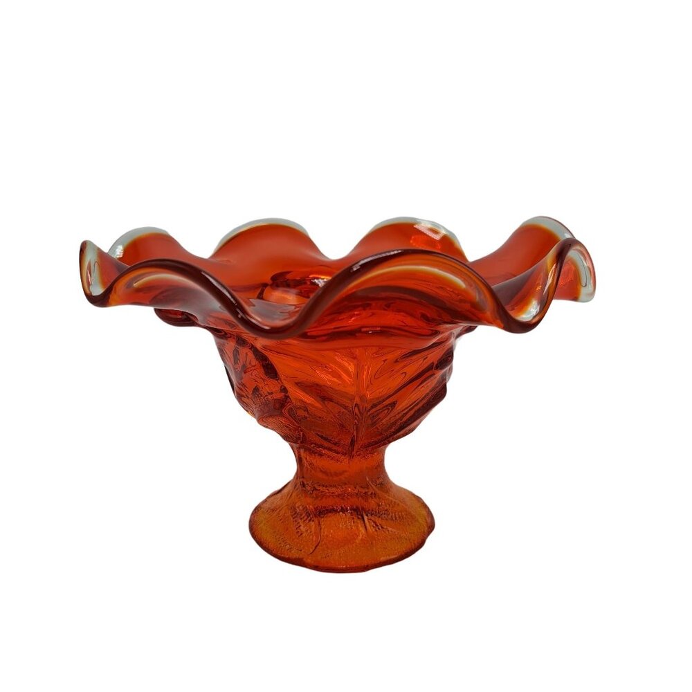 Viking Orange Glass Ruffle Cabbage Leaf Pedestal Bowl Elegant Design Vintage
